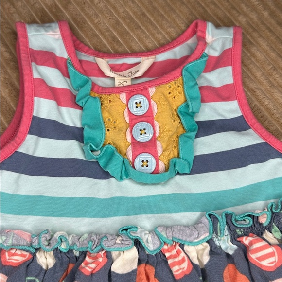 Matilda Jane Pink and Blue Striped Dress with Fruit design on skirt size 2 - Picture 2 of 5